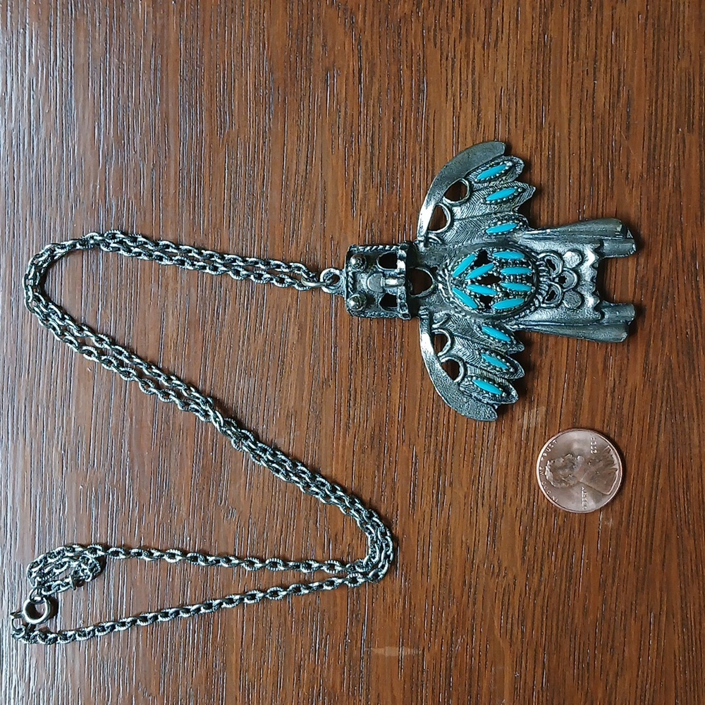 VINTAGE Silvertone Kachina Bird Man Eagle Thunderbird Pendant Necklace